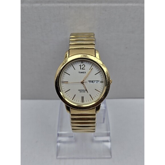 Timex Indiglo Day Date Quartz Watch WR30M Gold Tone Expansion Band New Battery - Picture 1 of 13